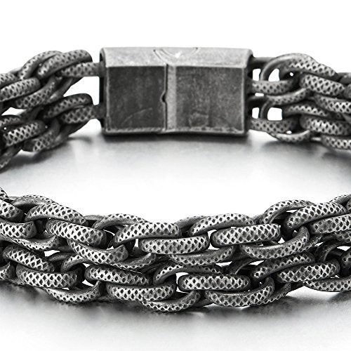 COOLSTEELANDBEYOND Mens Stainless Steel Double-Row Interwoven Link Chain Bracelet, Old Metal Finishing - coolsteelandbeyond