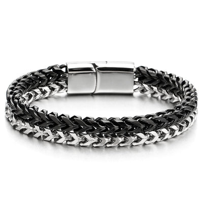 Mens Stainless Steel Double Row Silver Black Square Franco Chain Box Curb Chain Bracelet - COOLSTEELANDBEYOND Jewelry