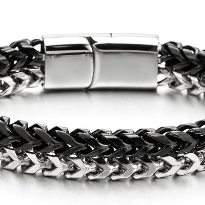 Mens Stainless Steel Double Row Silver Black Square Franco Chain Box Curb Chain Bracelet - COOLSTEELANDBEYOND Jewelry