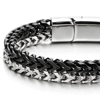 Mens Stainless Steel Double Row Silver Black Square Franco Chain Box Curb Chain Bracelet - COOLSTEELANDBEYOND Jewelry