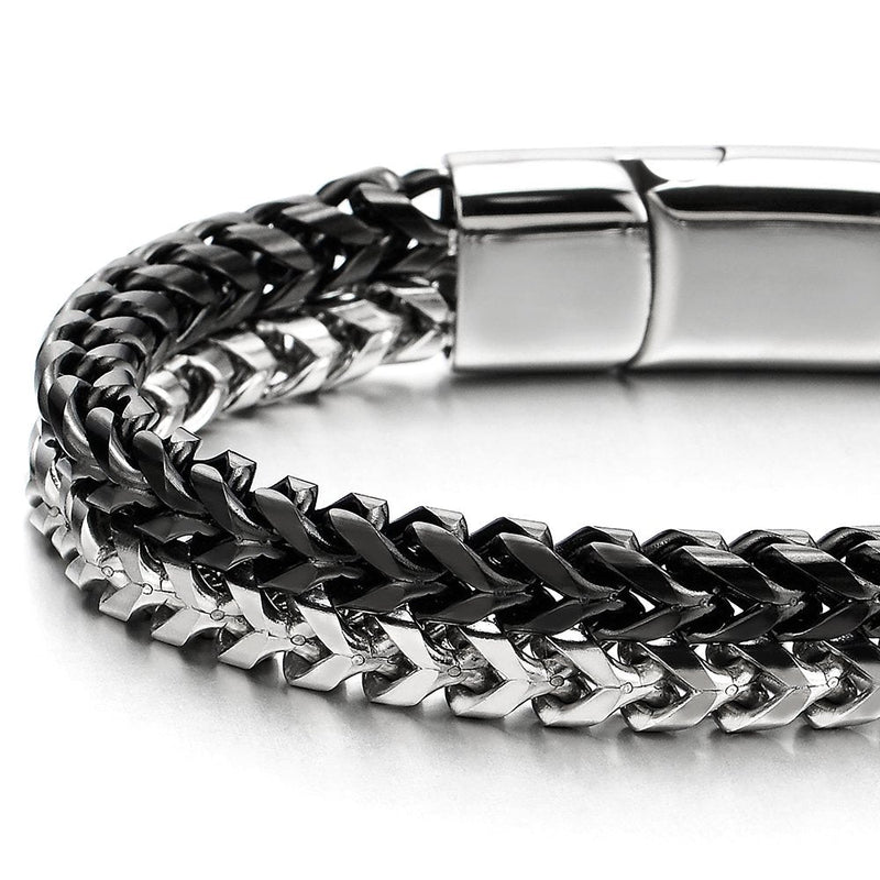 Mens Stainless Steel Double Row Silver Black Square Franco Chain Box Curb Chain Bracelet - COOLSTEELANDBEYOND Jewelry