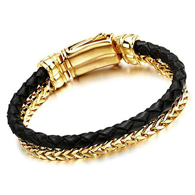 COOLSTEELANDBEYOND Mens Stainless Steel Gold Color Square Franco Chain Curb Chain and Black Braided Leather Bracelet - coolsteelandbeyond