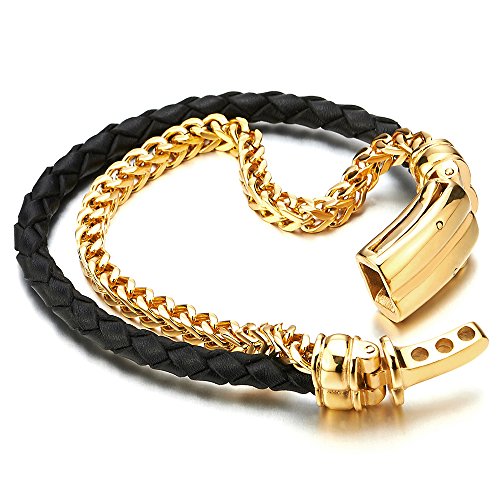 COOLSTEELANDBEYOND Mens Stainless Steel Gold Color Square Franco Chain Curb Chain and Black Braided Leather Bracelet - coolsteelandbeyond