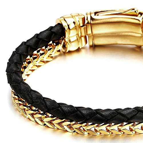 COOLSTEELANDBEYOND Mens Stainless Steel Gold Color Square Franco Chain Curb Chain and Black Braided Leather Bracelet - coolsteelandbeyond