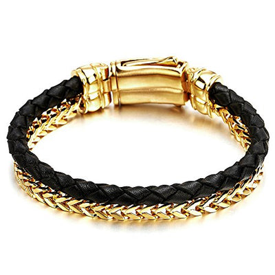 COOLSTEELANDBEYOND Mens Stainless Steel Gold Color Square Franco Chain Curb Chain and Black Braided Leather Bracelet - coolsteelandbeyond