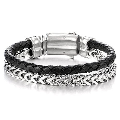 COOLSTEELANDBEYOND Mens Stainless Steel Gold Color Square Franco Chain Curb Chain and Black Braided Leather Bracelet - coolsteelandbeyond