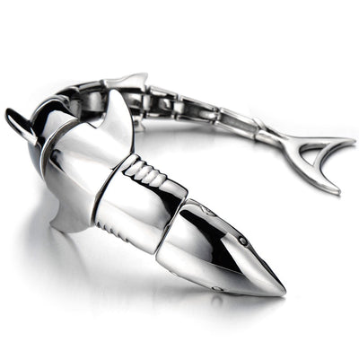 COOLSTEELANDBEYOND Mens Stainless Steel Large Shark Bangle Bracelet Silver Color Polished - coolsteelandbeyond