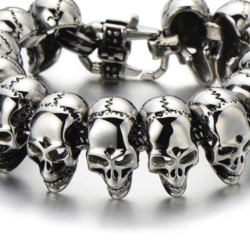 COOLSTEELANDBEYOND Mens Stainless Steel Large Skull Link Bracelet Biker Gothic Style Silver Color High Polished - coolsteelandbeyond