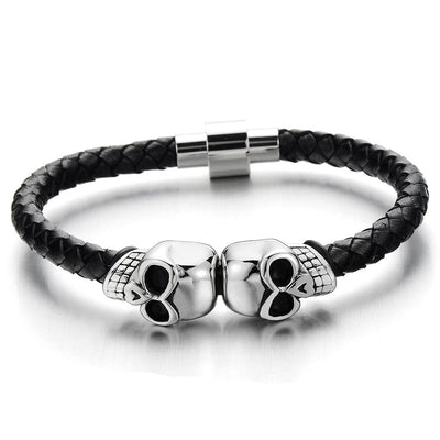 COOLSTEELANDBEYOND Mens Stainless Steel Skull Black Genuine Leather Bracelet Wristband Bangle with Magnetic Clasp - coolsteelandbeyond