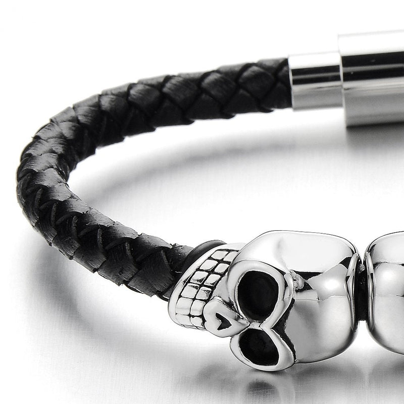 COOLSTEELANDBEYOND Mens Stainless Steel Skull Black Genuine Leather Bracelet Wristband Bangle with Magnetic Clasp - coolsteelandbeyond