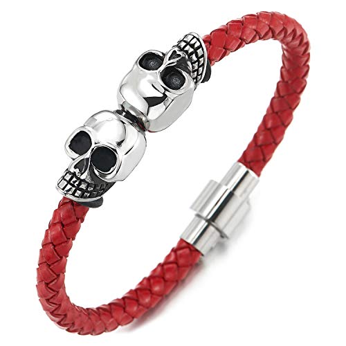 COOLSTEELANDBEYOND Mens Stainless Steel Skull Black Genuine Leather Bracelet Wristband Bangle with Magnetic Clasp - coolsteelandbeyond