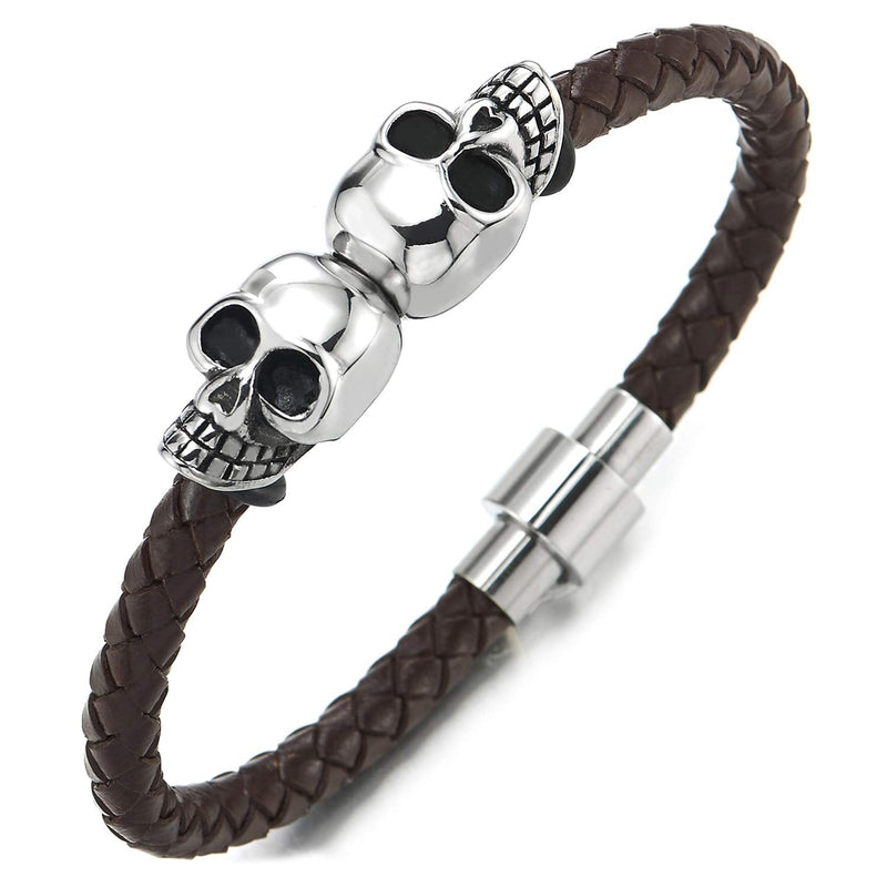 COOLSTEELANDBEYOND Mens Stainless Steel Skull Black Genuine Leather Bracelet Wristband Bangle with Magnetic Clasp - coolsteelandbeyond