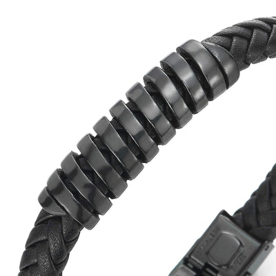 COOLSTEELANDBEYOND Mens Steel Black Spring Charm ID Identification Bangle Black Braided Leather Bracelet Wristband - coolsteelandbeyond
