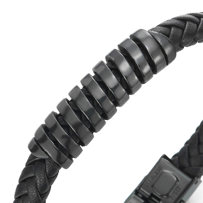 COOLSTEELANDBEYOND Mens Steel Black Spring Charm ID Identification Bangle Black Braided Leather Bracelet Wristband - coolsteelandbeyond