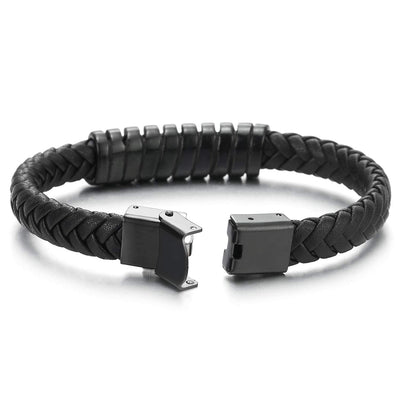 COOLSTEELANDBEYOND Mens Steel Black Spring Charm ID Identification Bangle Black Braided Leather Bracelet Wristband - coolsteelandbeyond
