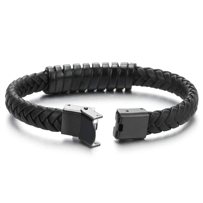 COOLSTEELANDBEYOND Mens Steel Black Spring Charm ID Identification Bangle Black Braided Leather Bracelet Wristband - coolsteelandbeyond