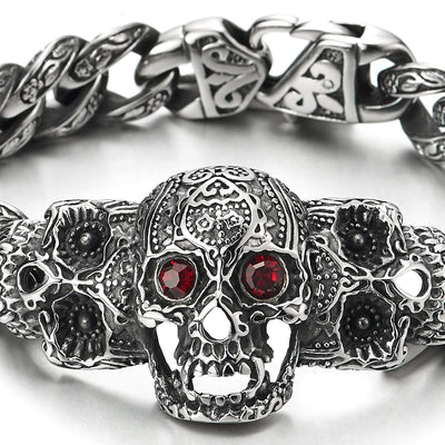 COOLSTEELANDBEYOND Mens Steel Fancy Curb Chain Bracelet with Vintage Sugar Skulls Charm Red Cubic Zirconia Eyes - coolsteelandbeyond