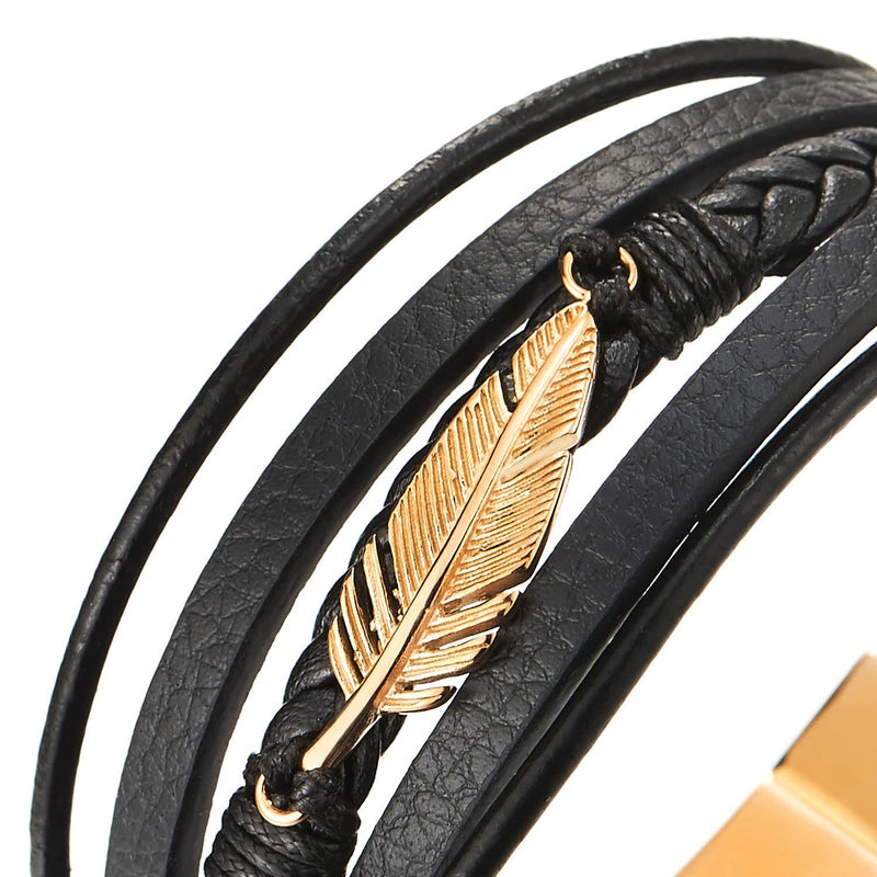 Mens Women Rose Gold Stainless Steel Feather Multi-Strand Black Braided Leather Bangle Bracelet - COOLSTEELANDBEYOND Jewelry