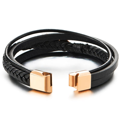 Mens Women Rose Gold Stainless Steel Feather Multi-Strand Black Braided Leather Bangle Bracelet - COOLSTEELANDBEYOND Jewelry