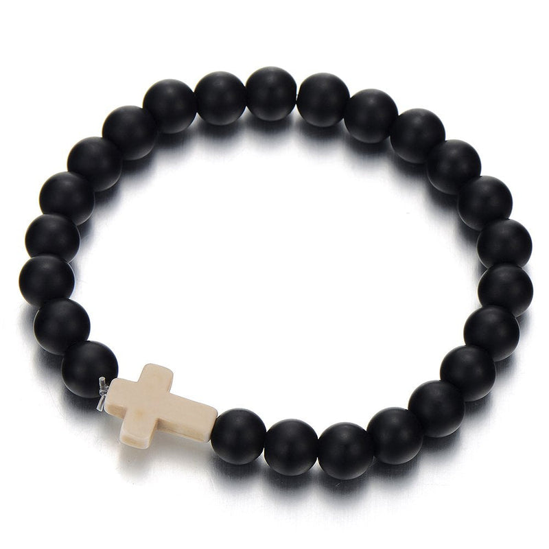 COOLSTEELANDBEYOND Mens Women Stretchable Black Onyx Beads Bracelet with Charm of Cross, Prayer Mala - coolsteelandbeyond