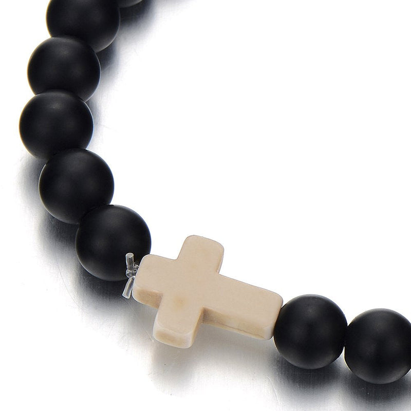 COOLSTEELANDBEYOND Mens Women Stretchable Black Onyx Beads Bracelet with Charm of Cross, Prayer Mala - coolsteelandbeyond