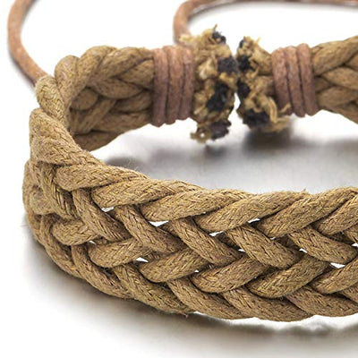 COOLSTEELANDBEYOND Mens Womens Brown Beige Braided Cotton Rope Bracelet Wristband Wrap Bracelet, Adjustable - coolsteelandbeyond