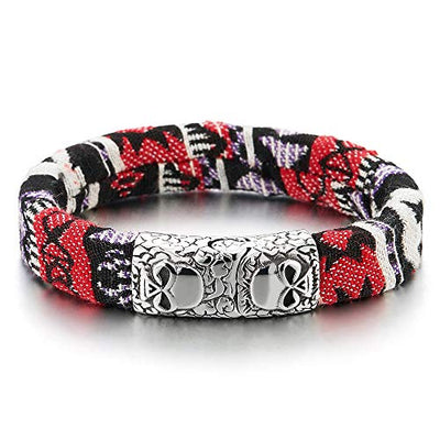 COOLSTEELANDBEYOND Mens Womens Colorful Tribal Tibetan Cotton Wrap Bracelet with Steel Skull Magnetic Clasp - coolsteelandbeyond