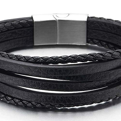 COOLSTEELANDBEYOND Mens Womens Multi-Strand Navy Blue Braided Leather Bracelet Wristband with Steel Magnetic Clasp - coolsteelandbeyond
