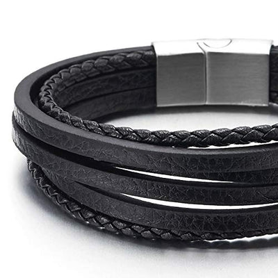 COOLSTEELANDBEYOND Mens Womens Multi-Strand Navy Blue Braided Leather Bracelet Wristband with Steel Magnetic Clasp - coolsteelandbeyond