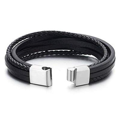 COOLSTEELANDBEYOND Mens Womens Multi-Strand Navy Blue Braided Leather Bracelet Wristband with Steel Magnetic Clasp - coolsteelandbeyond