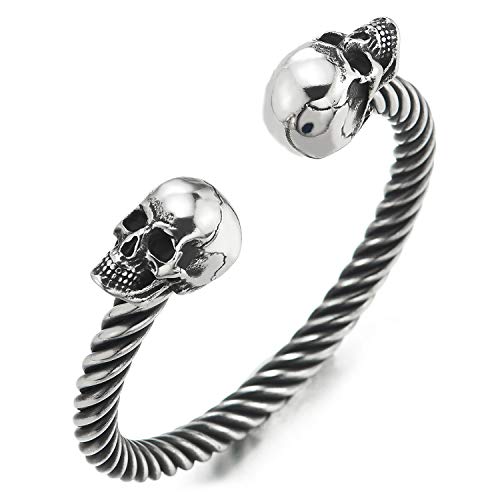 COOLSTEELANDBEYOND Mens Womens Skull Twisted Cable Cuff Bangle Bracelet, Stainless Steel, Polished, Elastic Adjustable - coolsteelandbeyond