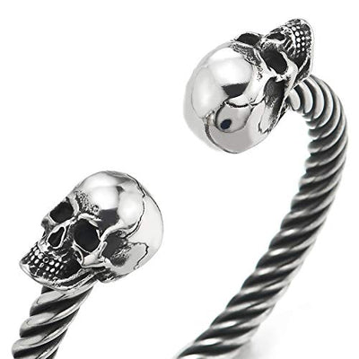 COOLSTEELANDBEYOND Mens Womens Skull Twisted Cable Cuff Bangle Bracelet, Stainless Steel, Polished, Elastic Adjustable - coolsteelandbeyond