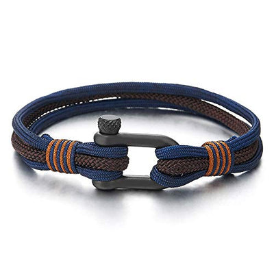 COOLSTEELANDBEYOND Mens Womens Steel Screw Anchor Shackles Nautical Sailor Navy Blue Brown Rope Wristband Wrap Bracelet - coolsteelandbeyond