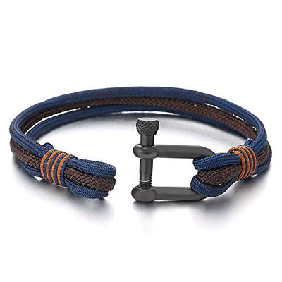 COOLSTEELANDBEYOND Mens Womens Steel Screw Anchor Shackles Nautical Sailor Navy Blue Brown Rope Wristband Wrap Bracelet - coolsteelandbeyond