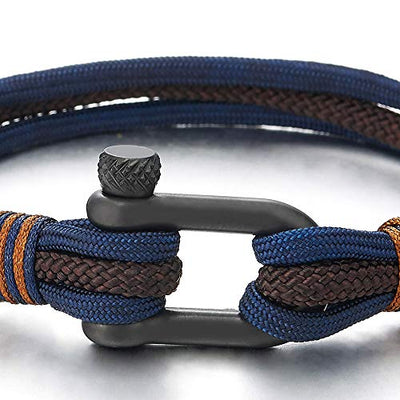 COOLSTEELANDBEYOND Mens Womens Steel Screw Anchor Shackles Nautical Sailor Navy Blue Brown Rope Wristband Wrap Bracelet - coolsteelandbeyond