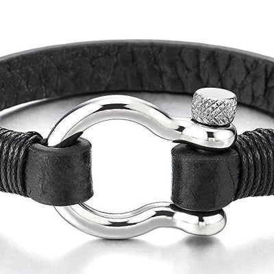 COOLSTEELANDBEYOND Mens Womens Steel Screw Anchor Shackles Wrap Bracelet with Brown Leather, Nautical Sailor Wristband - coolsteelandbeyond