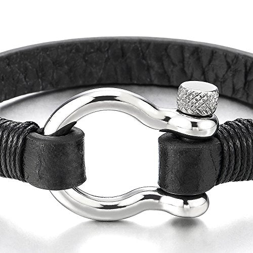 COOLSTEELANDBEYOND Mens Womens Steel Screw Anchor Shackles Wrap Bracelet with Brown Leather, Nautical Sailor Wristband - coolsteelandbeyond