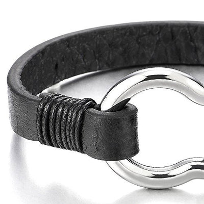 COOLSTEELANDBEYOND Mens Womens Steel Screw Anchor Shackles Wrap Bracelet with Brown Leather, Nautical Sailor Wristband - coolsteelandbeyond