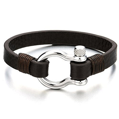 COOLSTEELANDBEYOND Mens Womens Steel Screw Anchor Shackles Wrap Bracelet with Brown Leather, Nautical Sailor Wristband - coolsteelandbeyond