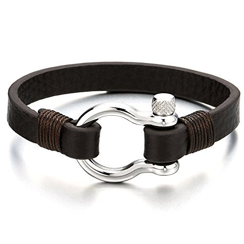 COOLSTEELANDBEYOND Mens Womens Steel Screw Anchor Shackles Wrap Bracelet with Brown Leather, Nautical Sailor Wristband - coolsteelandbeyond