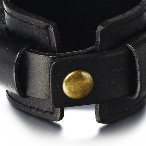 COOLSTEELANDBEYOND Metallic Genuine Leather Wristband Mens Wide Leather Bracelet with Snap Button - coolsteelandbeyond