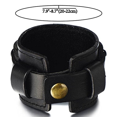 COOLSTEELANDBEYOND Metallic Genuine Leather Wristband Mens Wide Leather Bracelet with Snap Button - coolsteelandbeyond