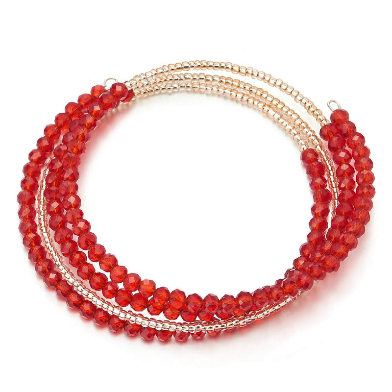 COOLSTEELANDBEYOND Multi-Wrap Stackable Beaded Wire Bracelets with Champagne Gold Beads with Red Crystal - COOLSTEELANDBEYOND Jewelry