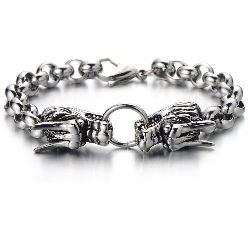 COOLSTEELANDBEYOND New Unique Link of Dragon Bracelet for Men for Silver Black Two-Tone Polished - coolsteelandbeyond