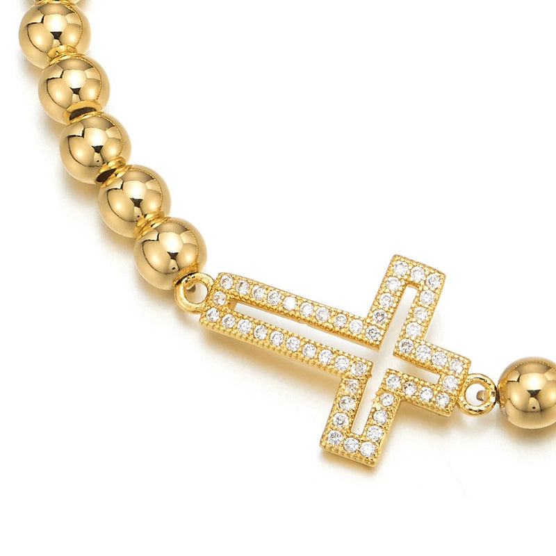 COOLSTEELANDBEYOND Sparkling Beads Bracelet for Women with Cubic Zirconia Horizontal Sideway Cross - COOLSTEELANDBEYOND Jewelry