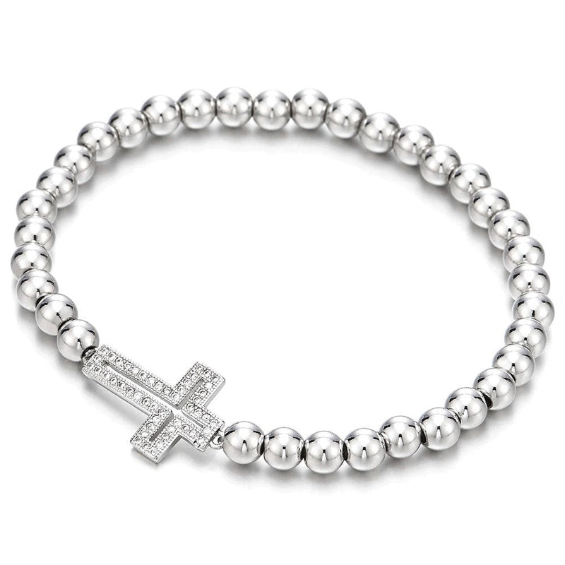 COOLSTEELANDBEYOND Sparkling Beads Bracelet for Women with Cubic Zirconia Horizontal Sideway Cross - COOLSTEELANDBEYOND Jewelry