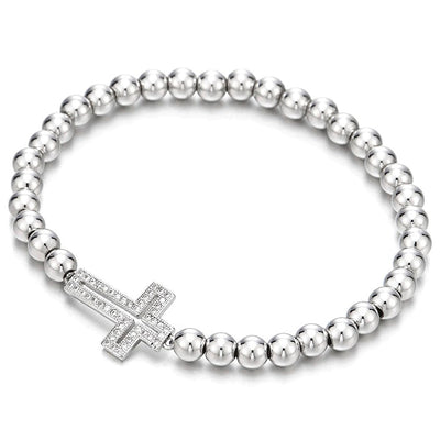 COOLSTEELANDBEYOND Sparkling Beads Bracelet for Women with Cubic Zirconia Horizontal Sideway Cross - COOLSTEELANDBEYOND Jewelry
