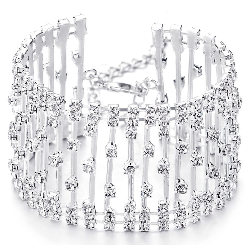 Sparkling Line of Rhinestones Pave Cluster Wide Bangle Bracelet