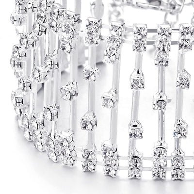 Sparkling Line of Rhinestones Pave Cluster Wide Bangle Bracelet