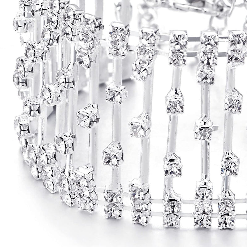 Sparkling Line of Rhinestones Pave Cluster Wide Bangle Bracelet